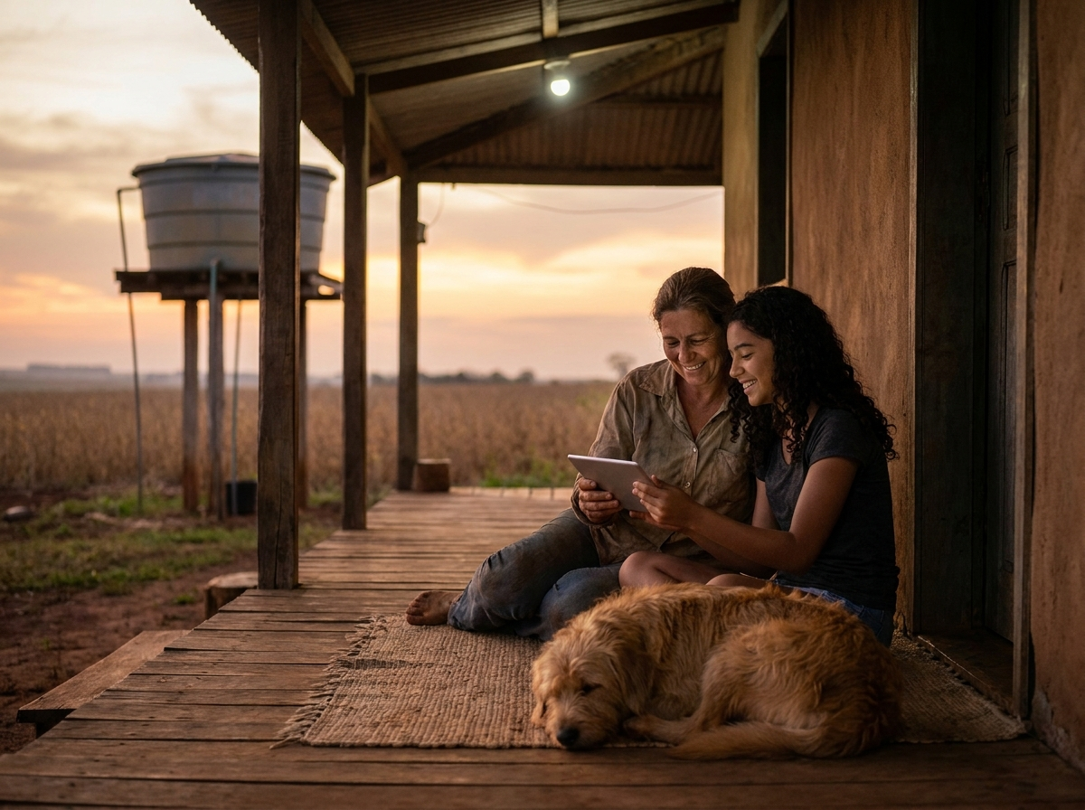 Família rural usando internet na varanda