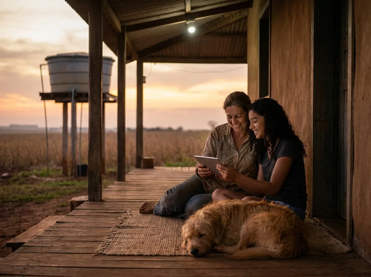Família na varanda de casa no sítio, usando a internet no tablet, com o cachorro deitado ao lado