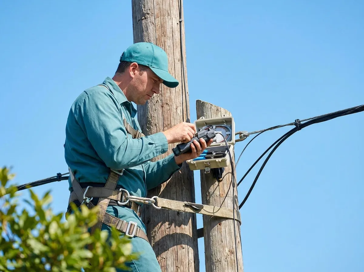 Técnico da SNI instalando cabo de fibra óptica